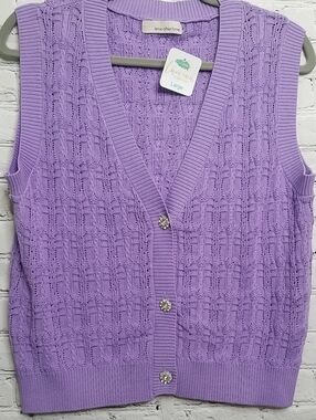 Time After Time womens vest w/ rhinestone buttons size Large 100% cotton EUC